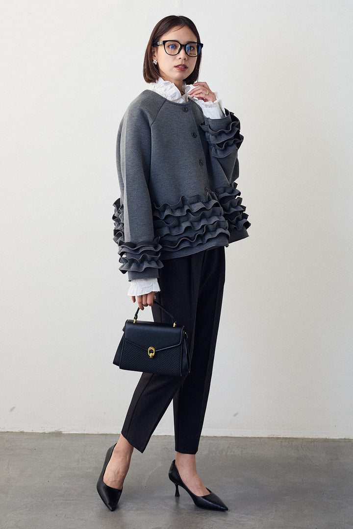 [予約/SET]ローズモチーフフリルカラーシャツ+フリルティアードボンディングクロップドコート+タックテーパードパンツ(3set)