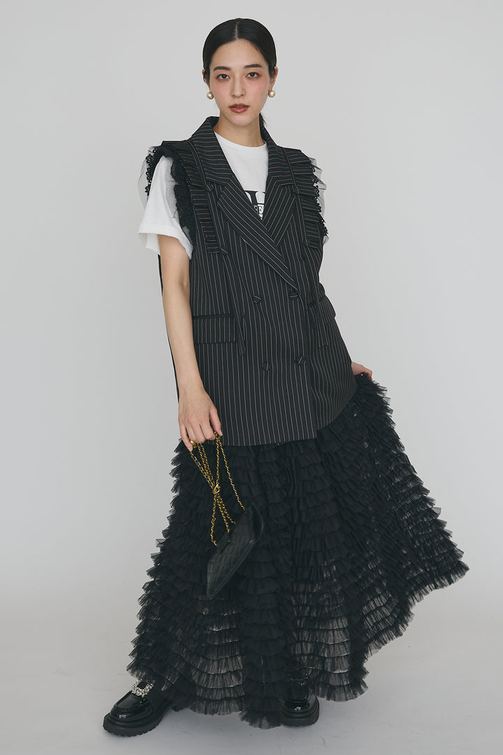[予約/SET]フリルショルダーテーラーマニッシュベスト+ホイップチュールティアードスカート(2set)