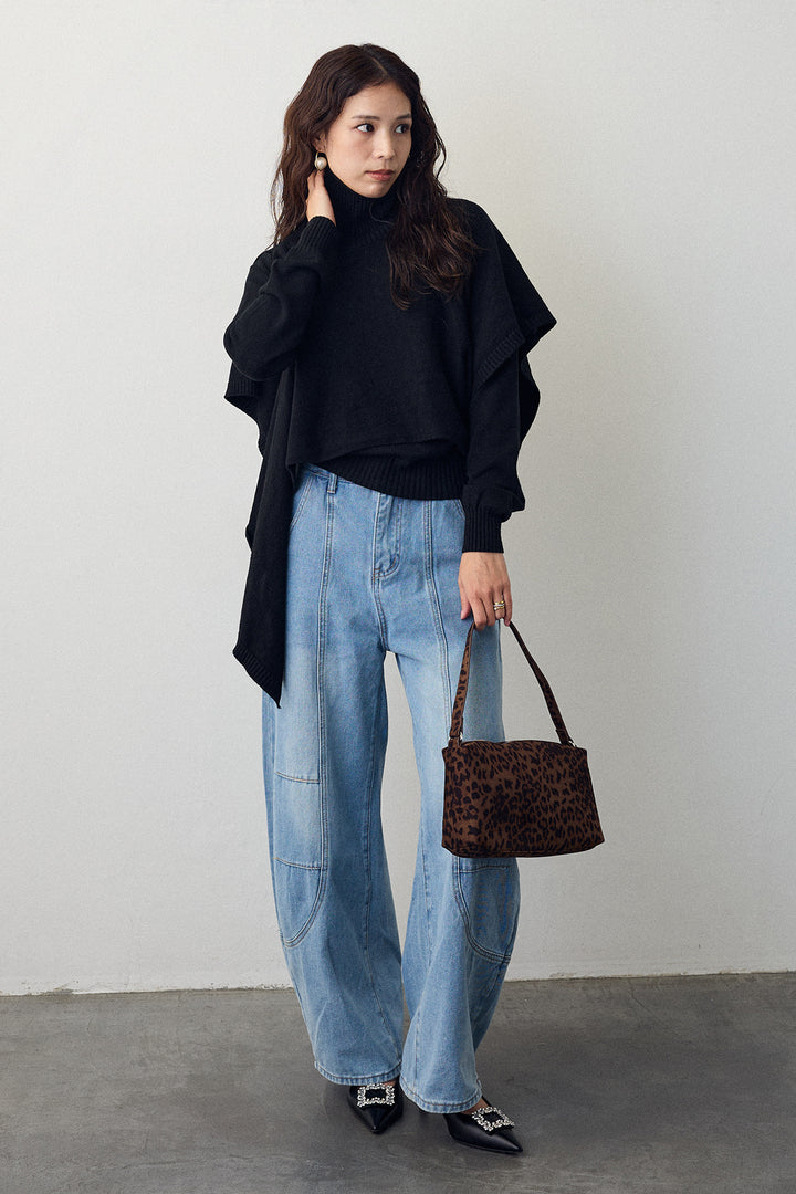 [予約/SET]アシメケープ2wayニット+ステッチ美ラインカーブデニムパンツ(2set)