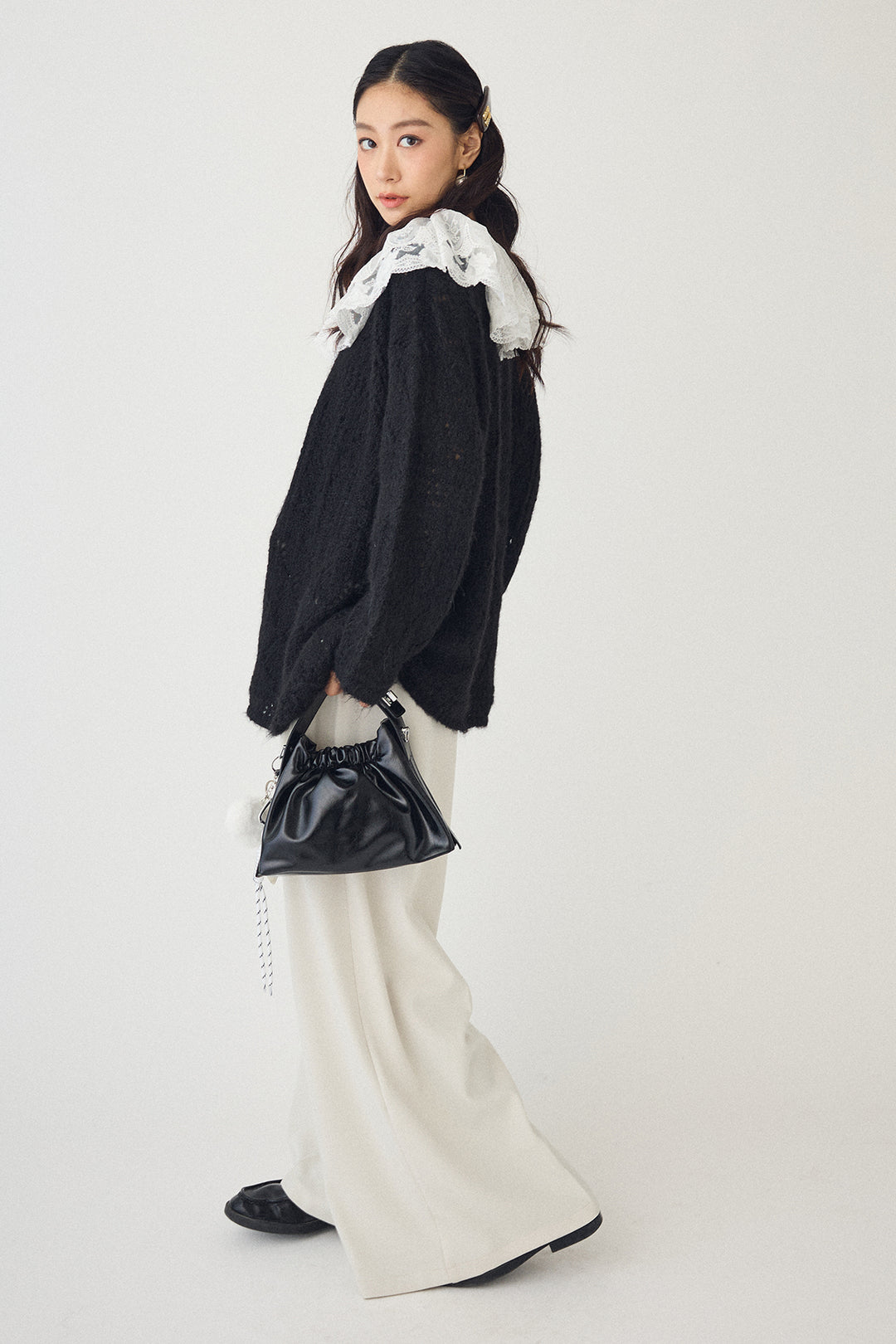 [予約/SET]ダブルレースカラードッキングニット+とろみタックハイウエストタックワイドパンツ(2set)