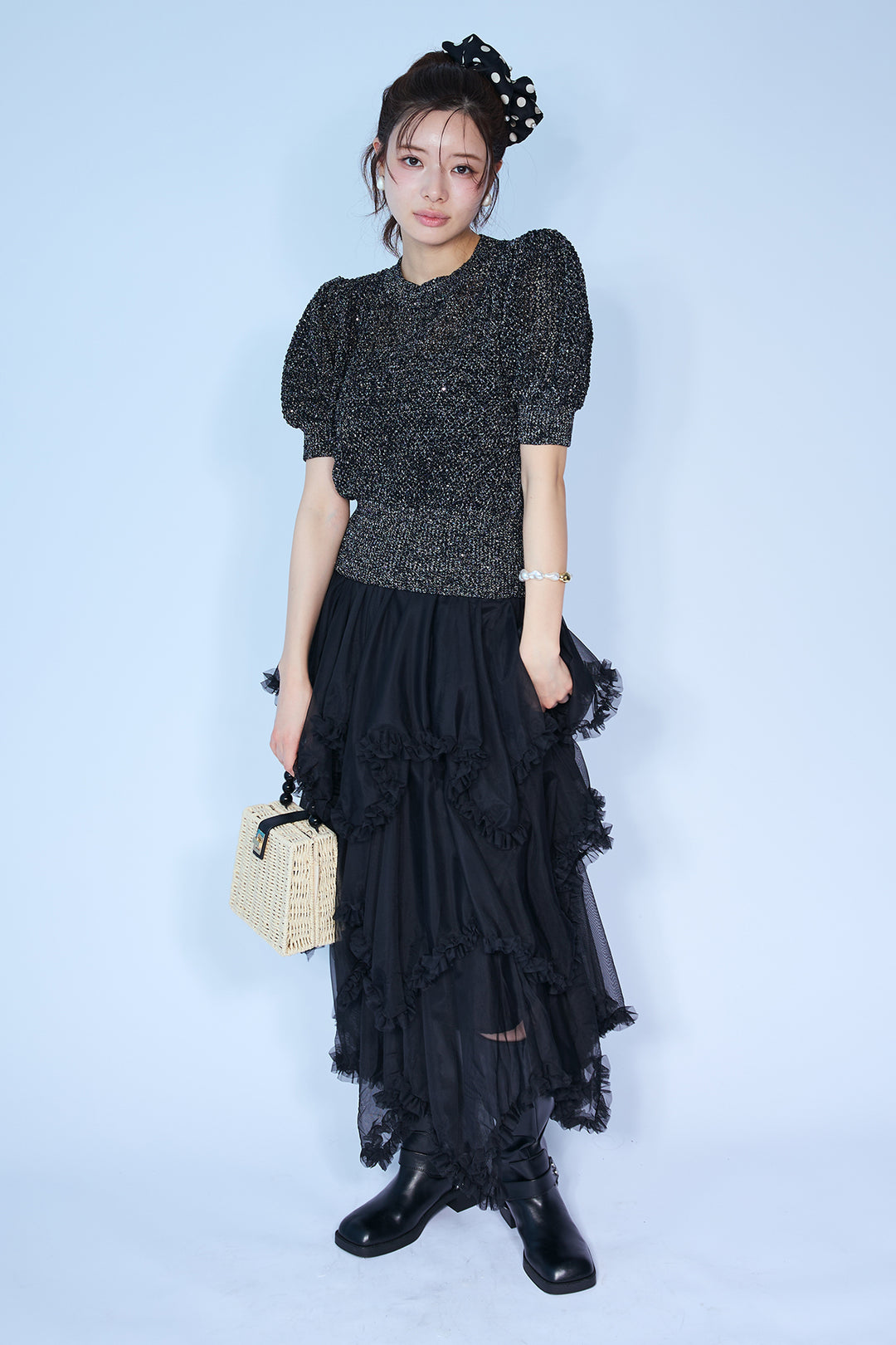 [予約/SET]ラメ混パフスリーブハーフスリーブニット+ムードチュールフリルスカート(2set)