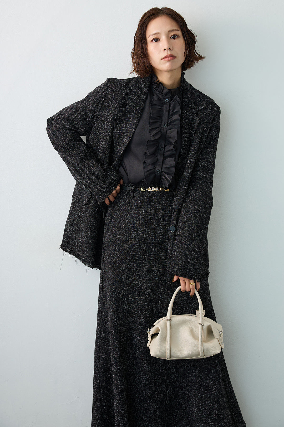 [予約/SET]スラブネップツイードフリンジテーラージャケット+スラブネップツイードフレアスカート(2set)