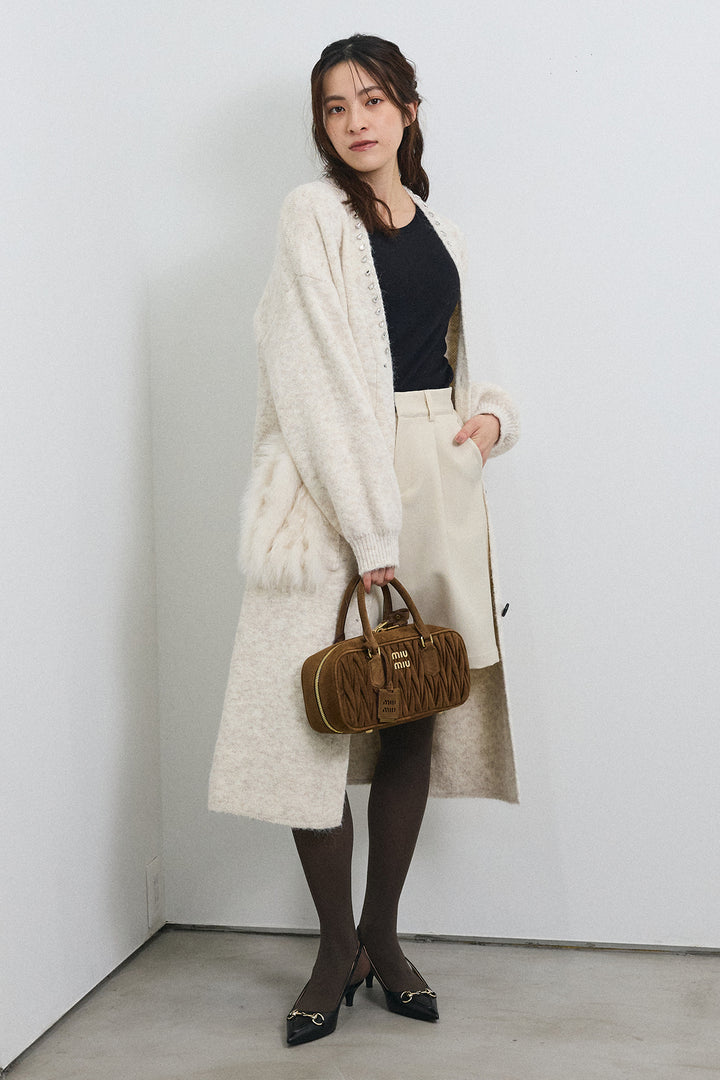 [予約/SET]ファーポケットロングニットカーデ+ウールタッチセンタープレスハーフパンツ(2set)