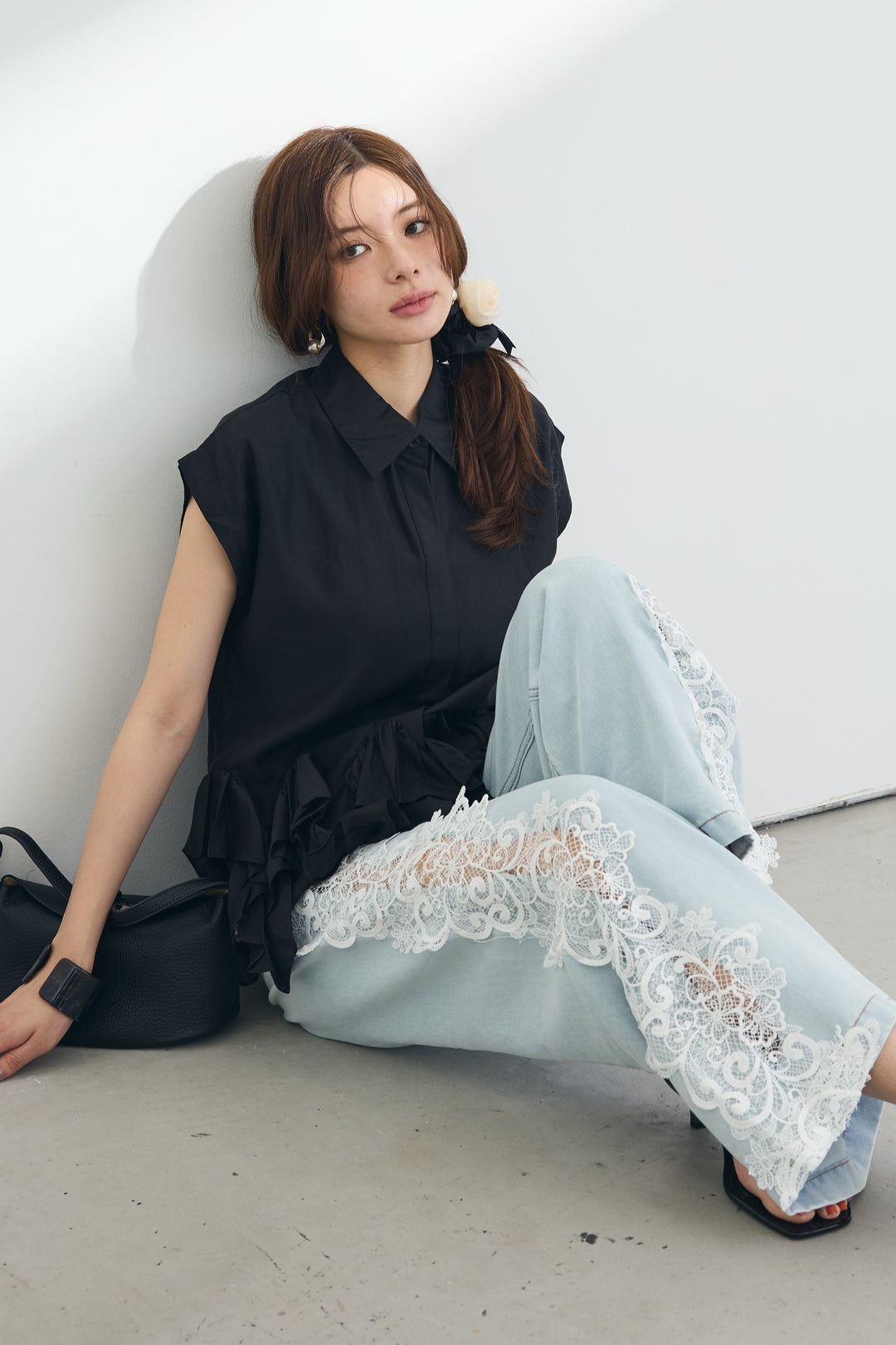 [予約/SET]フリルヘムフレンチスリーブシアーシャツ+レースサイドラインデニムパンツ(2set)