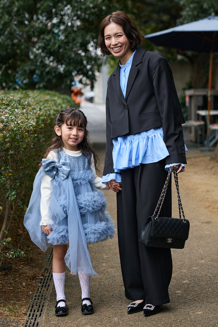 [予約/親子SET][kids]スパンコールリボンホイップチュールワンピセット+フリルヘムスリーブブラウス+クロップドマニッシュシンプルジャケット+ツイルシンプルストレートパンツ(4set)
