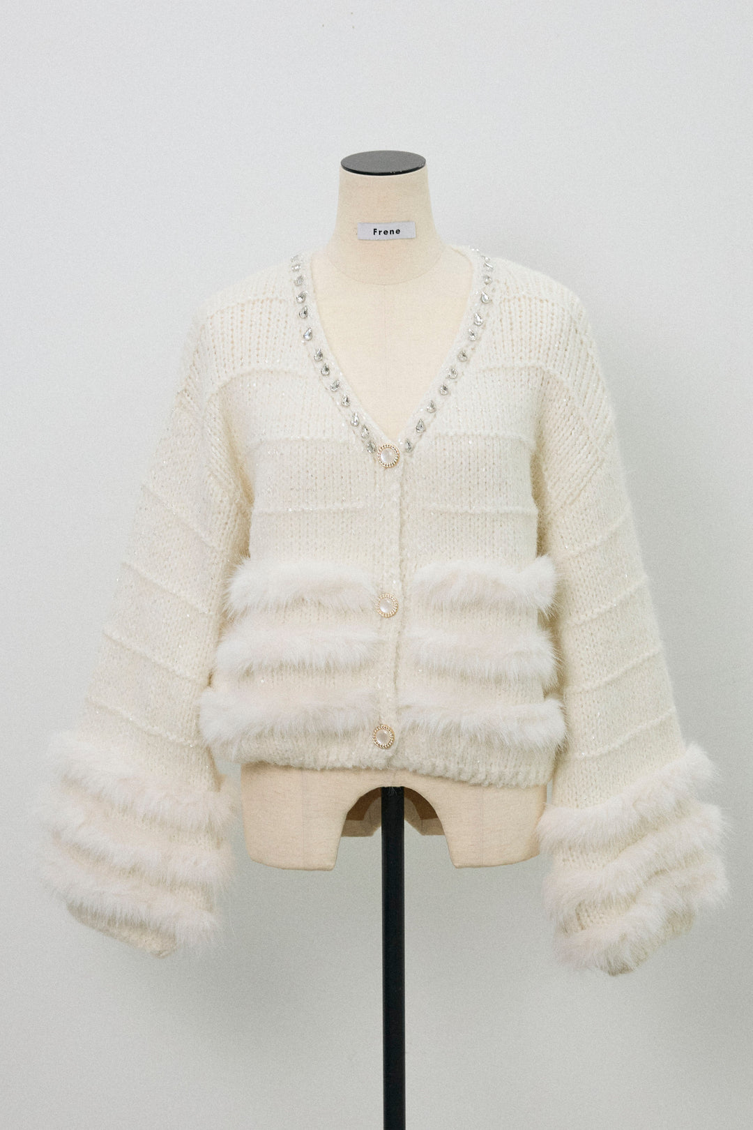 [予約]ネックビジューラインファーニットカーデ