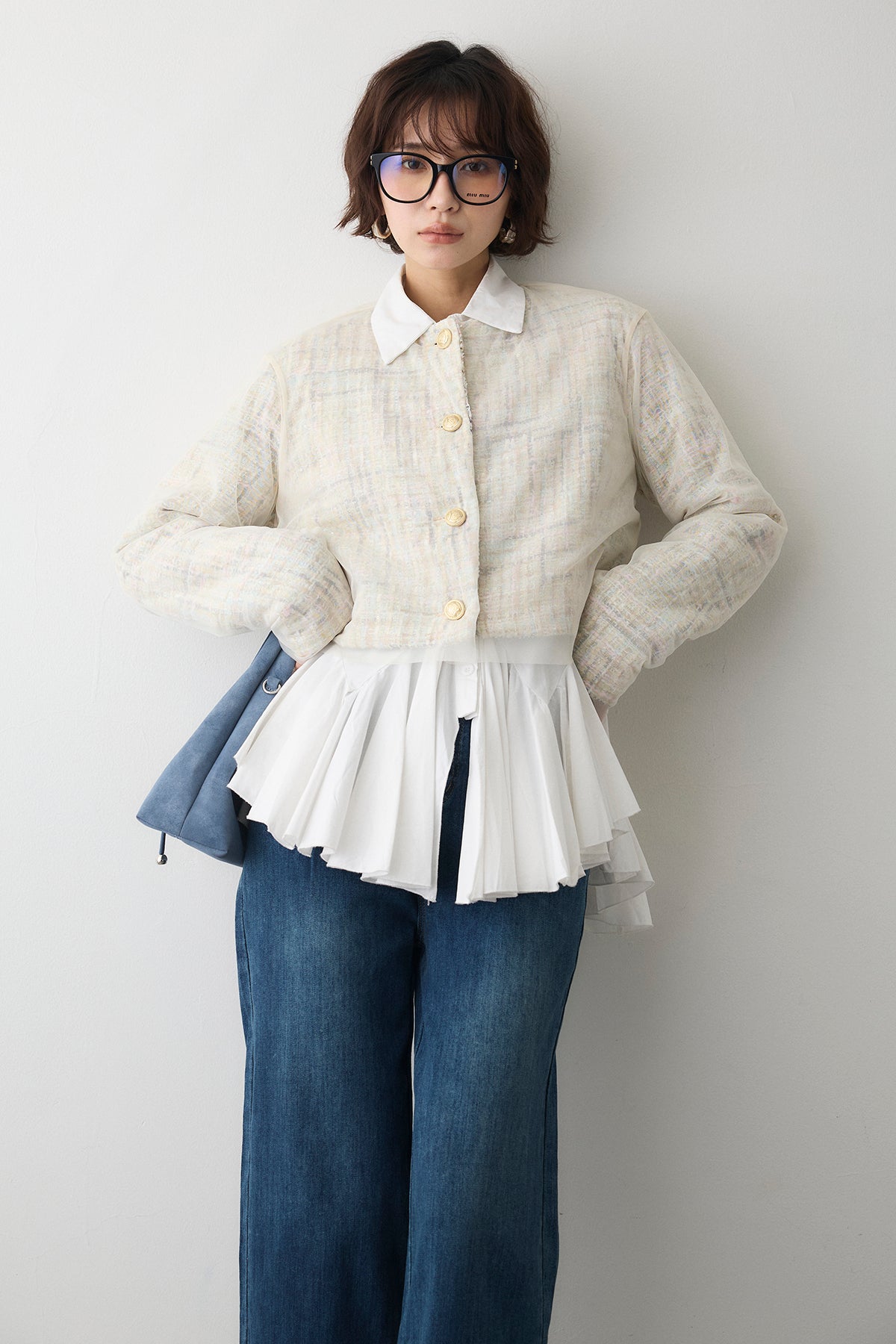 予約]ツイード×チュールレイヤードクロップドジャケット – Frene