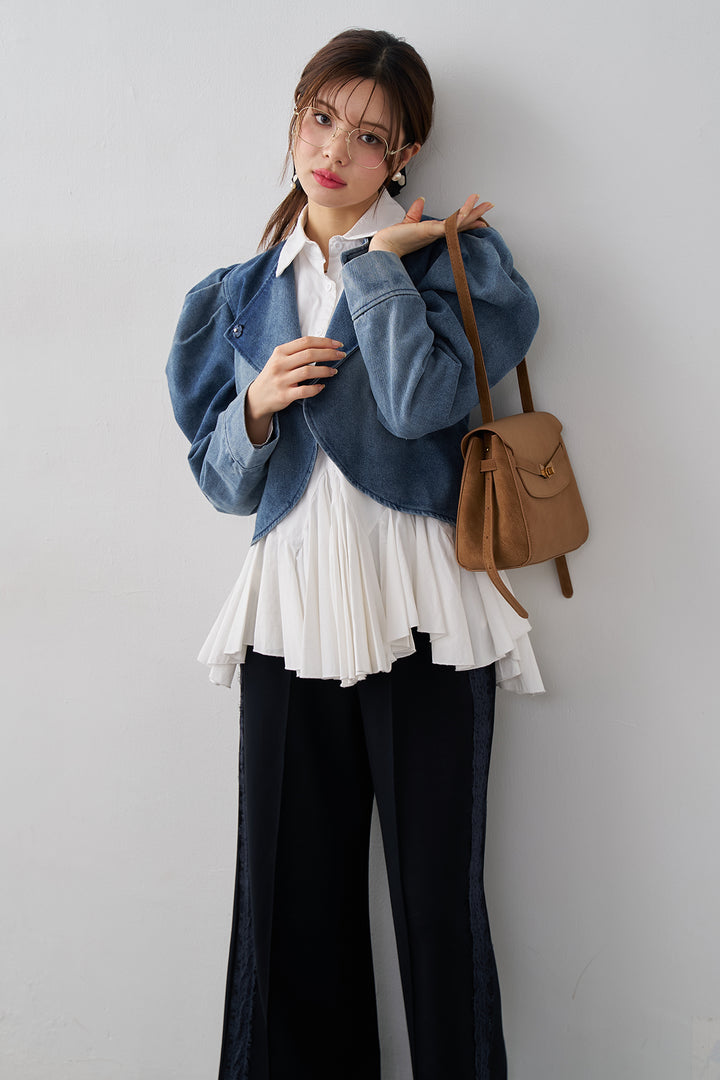 [予約/SET]パネルフレアヘムシャツ+パフスリーブショートデニムジャケット+サイドレースWフェイスカットソーパンツ(3set)