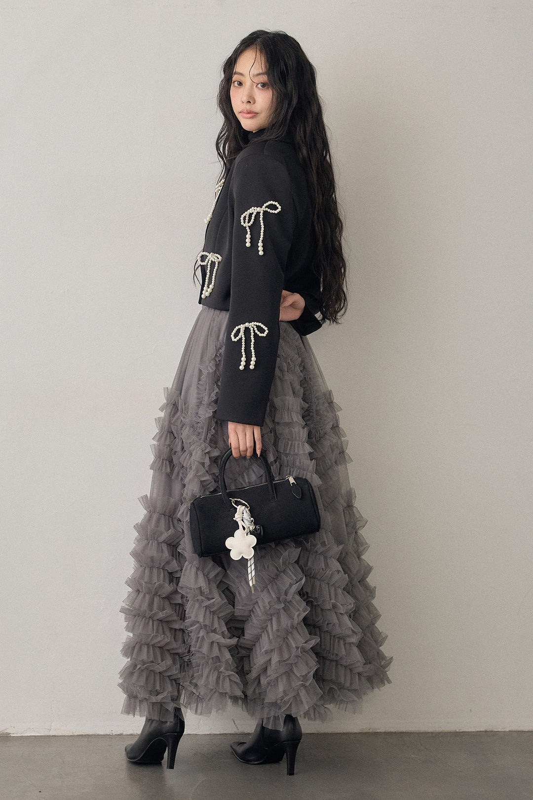 [予約/SET]ベーシックリブタートルニット+パールリボンクロップドジャケット+スフレアシメチュールスカート(3set)