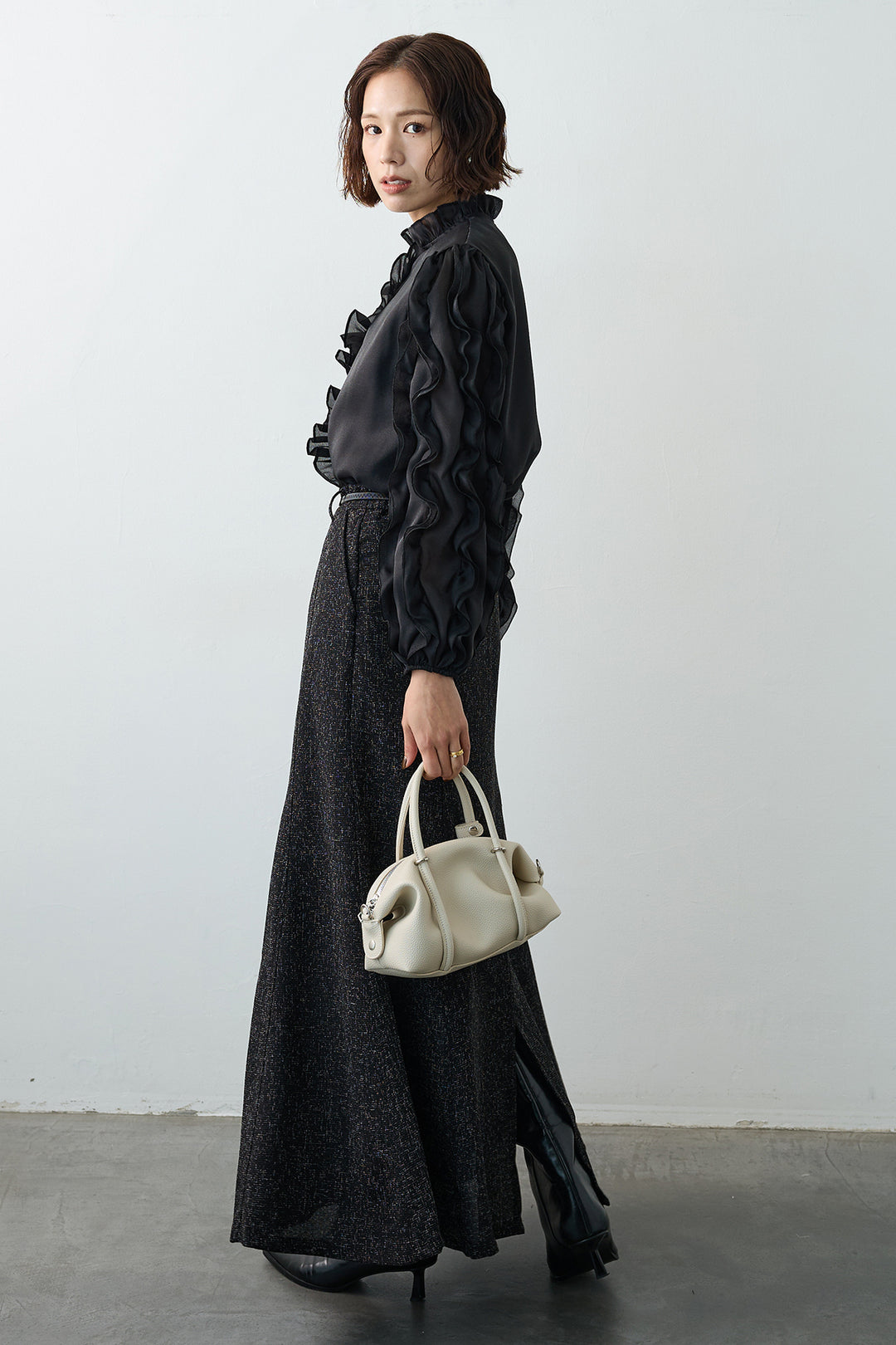 [予約/SET]エアリーフリルブラウス+スラブネップツイードフレアスカート(2set)