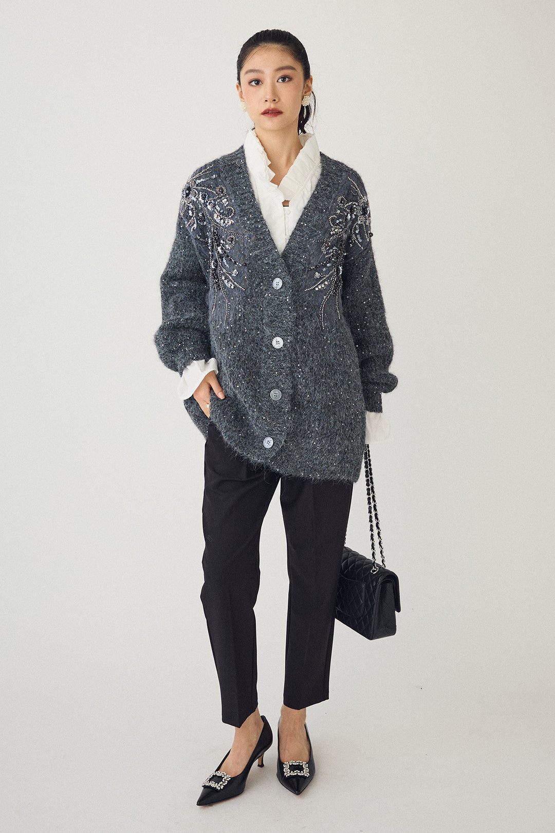 [予約/SET]ビーズフラワースパンコールシャイニーニットカーデ+タックテーパードパンツ(2set)