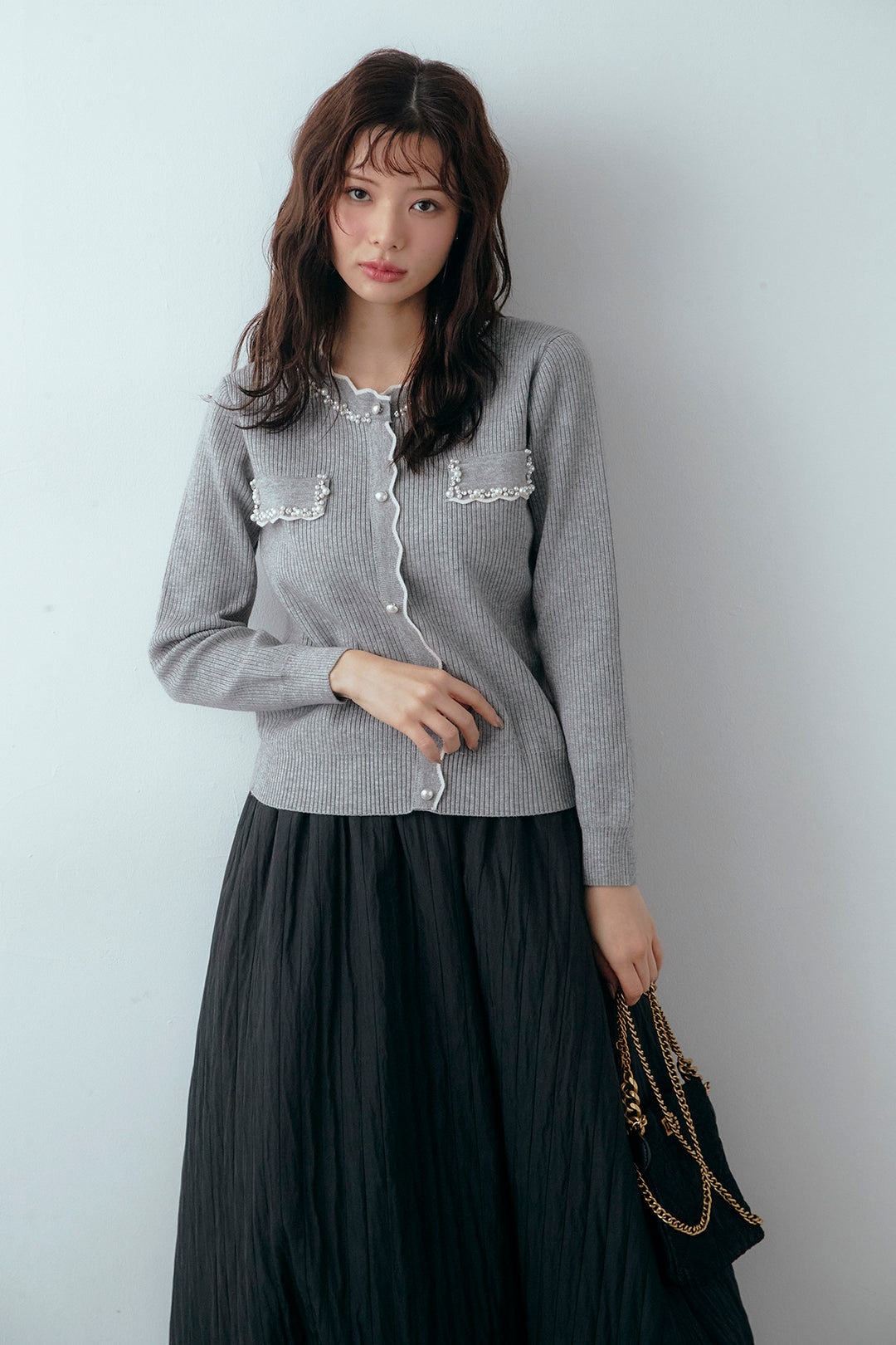 [予約]ビジューパールデザインニットカーデ