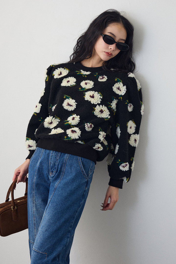 [予約/SET]ボアフラワーモチーフニット+ステッチ美ラインカーブデニムパンツ(2set)