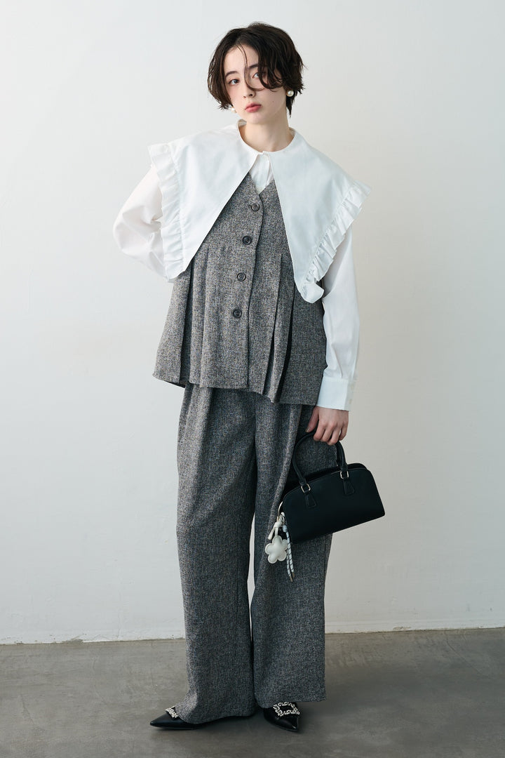 [予約/SET]BIGフリルデザインシャツ+サマーツイードボックスプリーツベスト+サマーツイードウエストラインタックパンツ(3set)