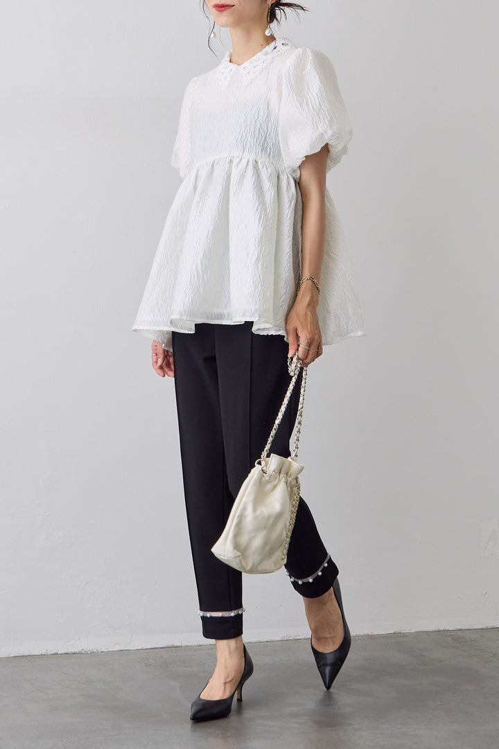 [予約/SET]レース襟パフスリーブワッシャーブラウス+シアーパールヘムテーパードパンツ(2set)