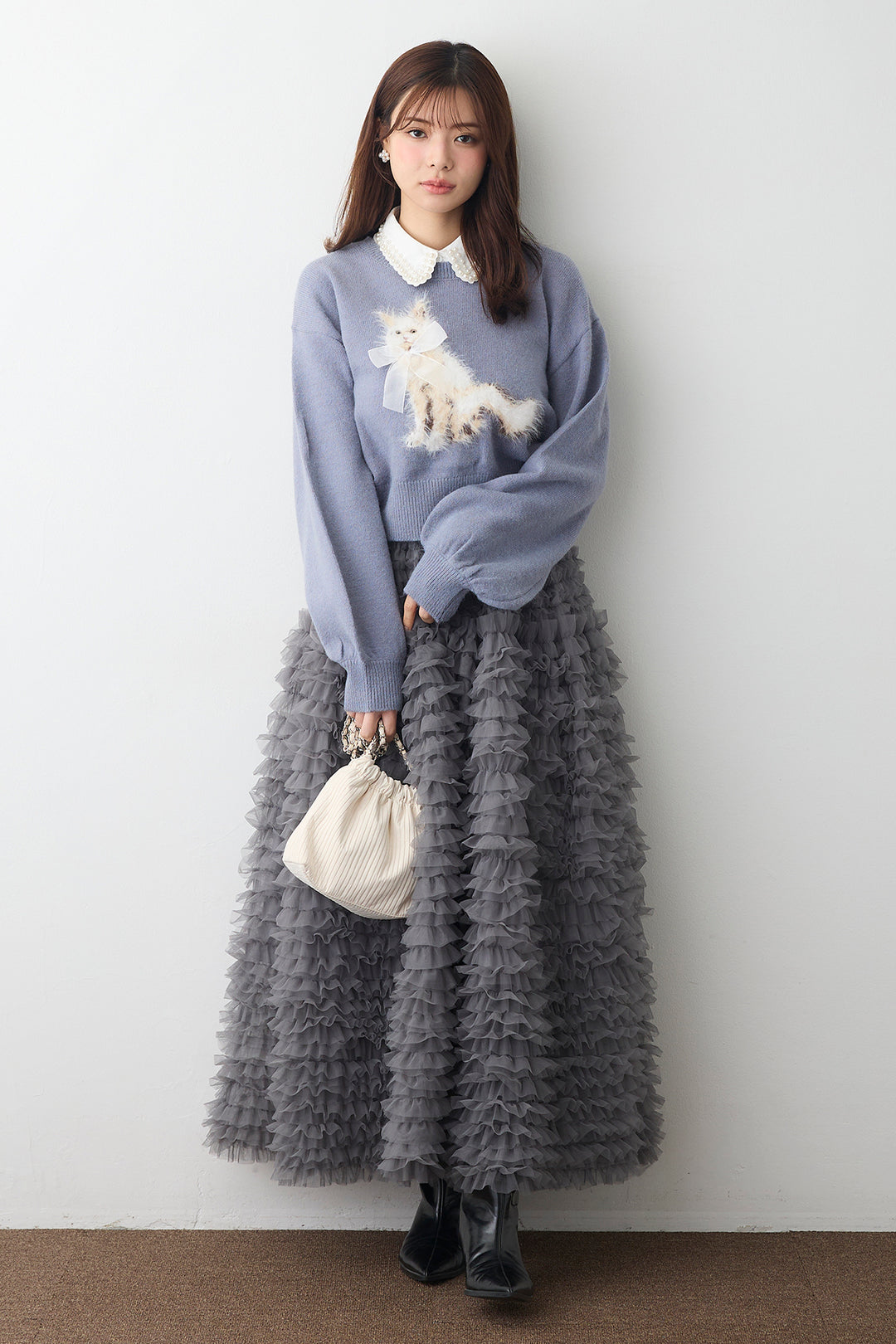 [予約/SET]2連パール付け襟+シャギーリボンキャットモチーフニットPO+ホイップチュールティアードスカート(3set)