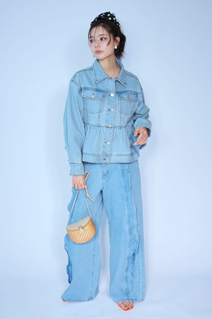[予約/SET]ペプラムデニムジャケット+フリルウェーブデニムパンツ(2set)