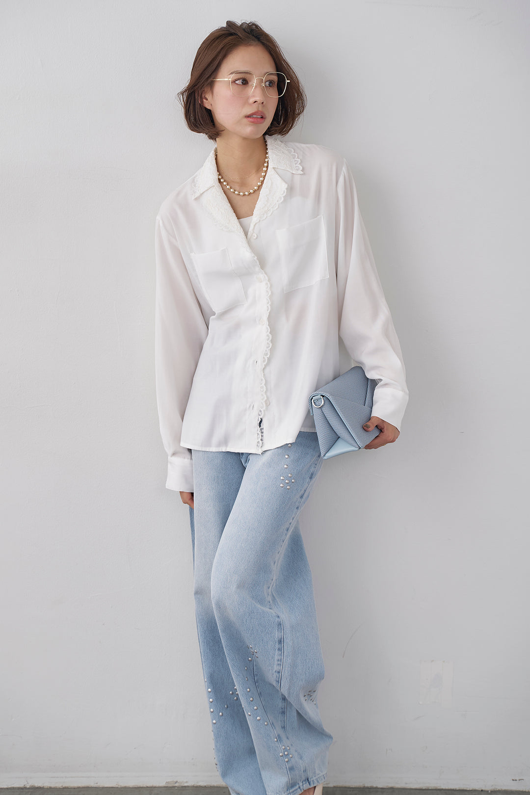 [予約/SET]クラシックレーストリムブラウス+スタッズアシメカーブデニムパンツ(2set)