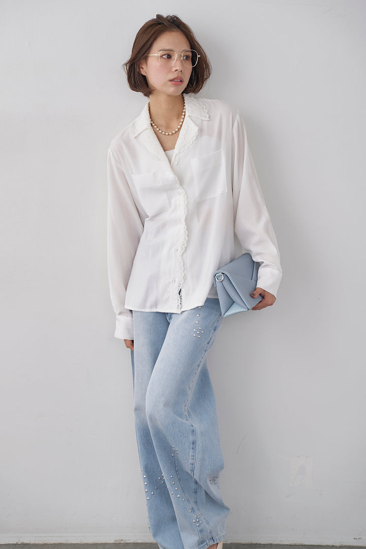 [予約/SET]クラシックレーストリムブラウス+スタッズアシメカーブデニムパンツ(2set)