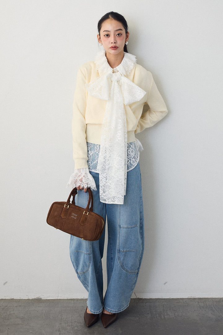 [予約/SET]クラシカルレースボウタイブラウス+カシュクールデザインニット+ステッチ美ラインカーブデニムパンツ(3set)