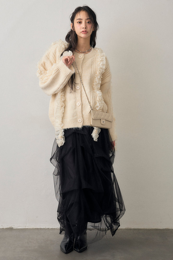 [予約/SET]フリルローズドッキングニットカーデ+マルチパターンタックチュールスカート(2set)