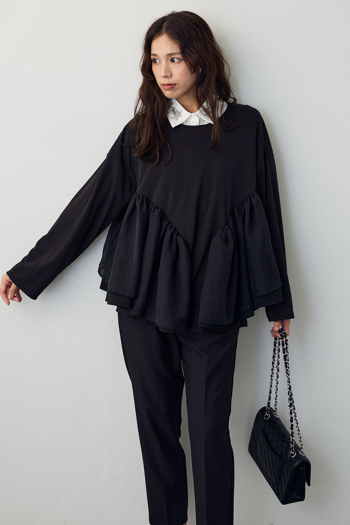 [予約/SET]ビジュー付け襟+フリルテール異素材切替チュニック(2set)