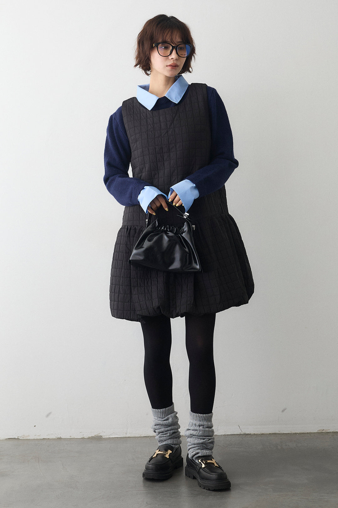 [予約/SET]シャツレイヤードニットプルオーバー+キルティングデザインミニジャンスカ(2set)