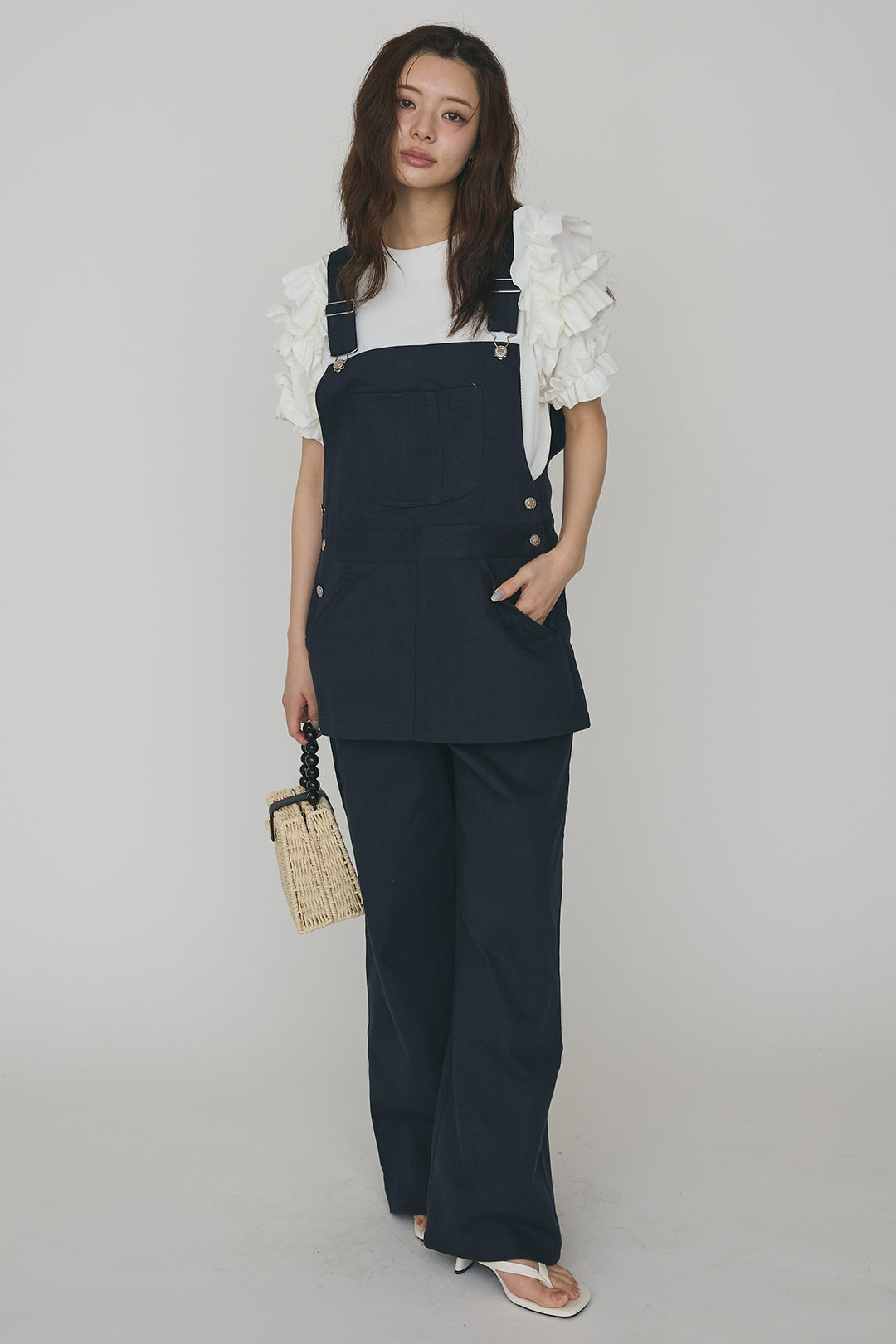 [予約/SET]フリルスリーブプルオーバーブラウス+エプロンデニムサロペ(2set)