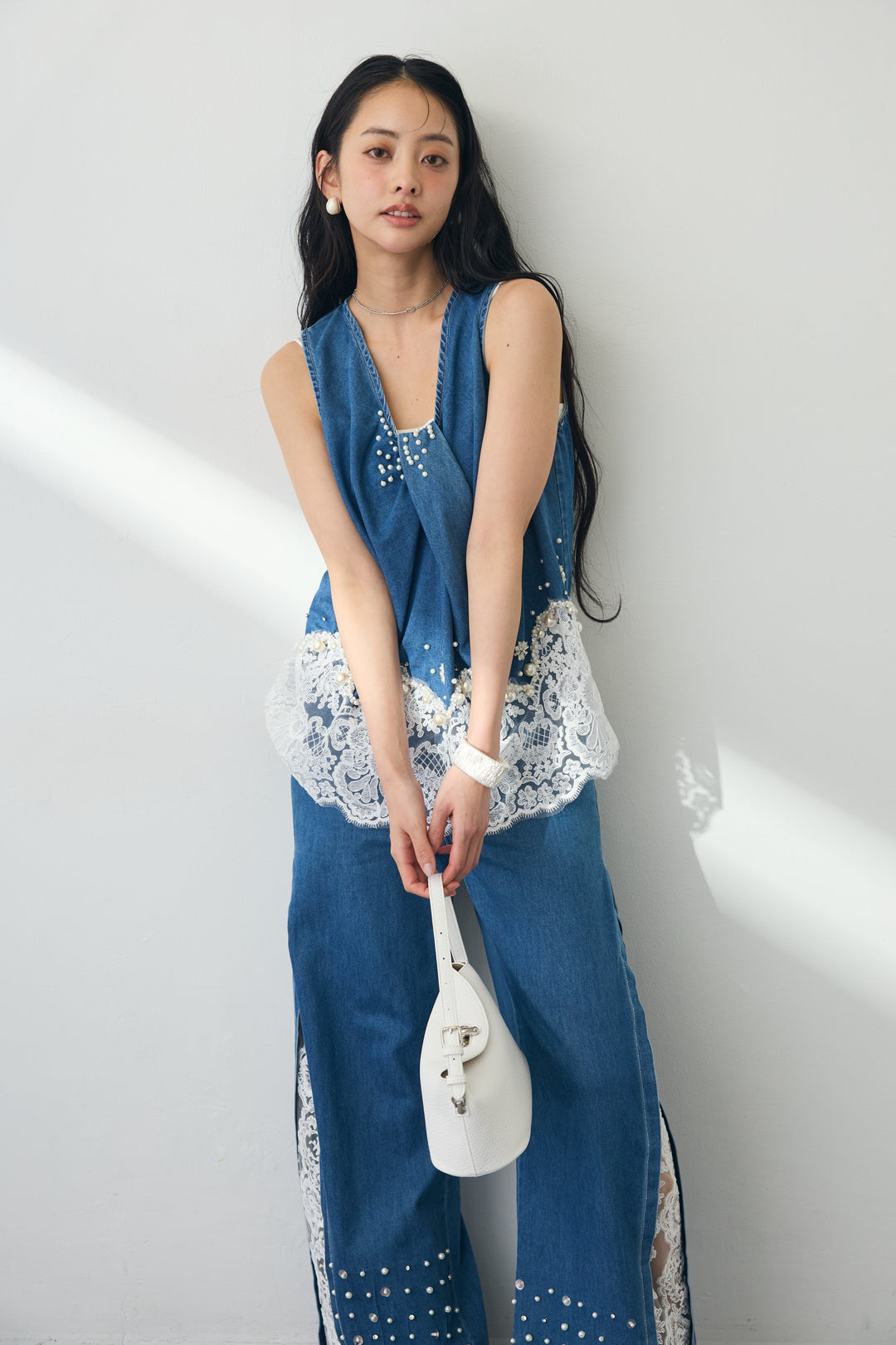 [予約]レースデコラティブパールデニムセットアップ