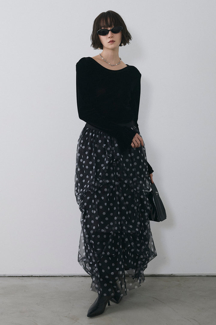 [予約/SET]バックレースベロアトップス+マルチパターンタックチュールスカート(2set)