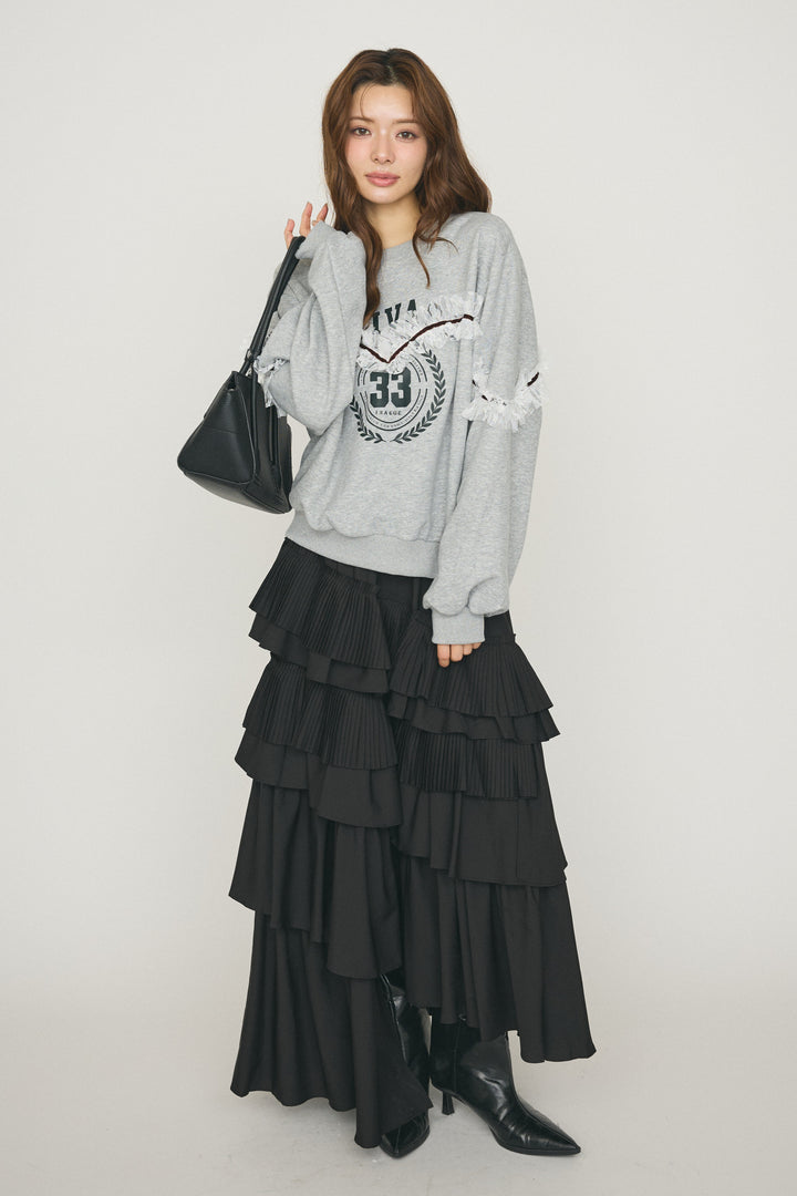 [予約/SET]レースフリルカレッジロゴスウェット+アシメプリーツティアードデザインスカート(2set)