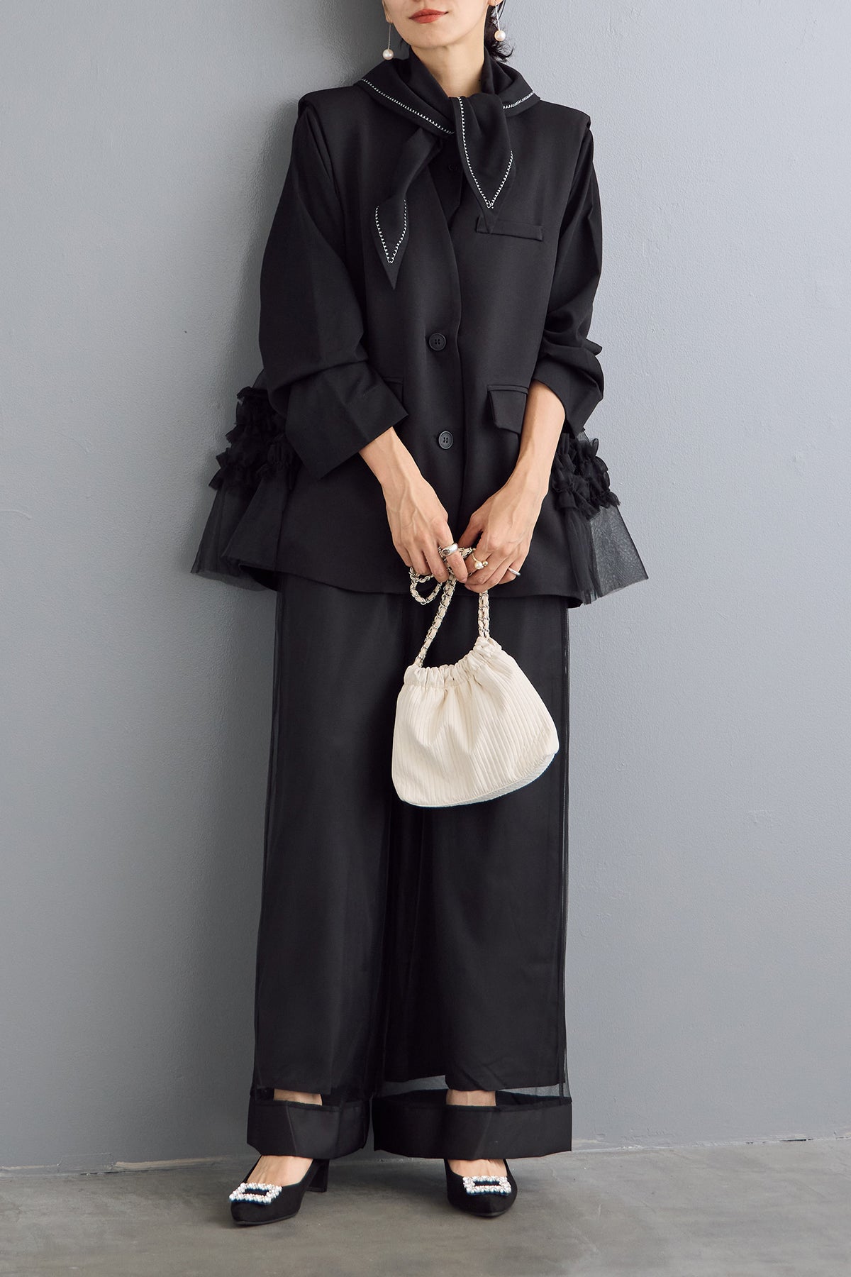 フラーネ　ラッフルカラーシアーブラウス　ジレ　セット　frene フラーネ ラッフルカラーシアーブラウス ジレ セット frene