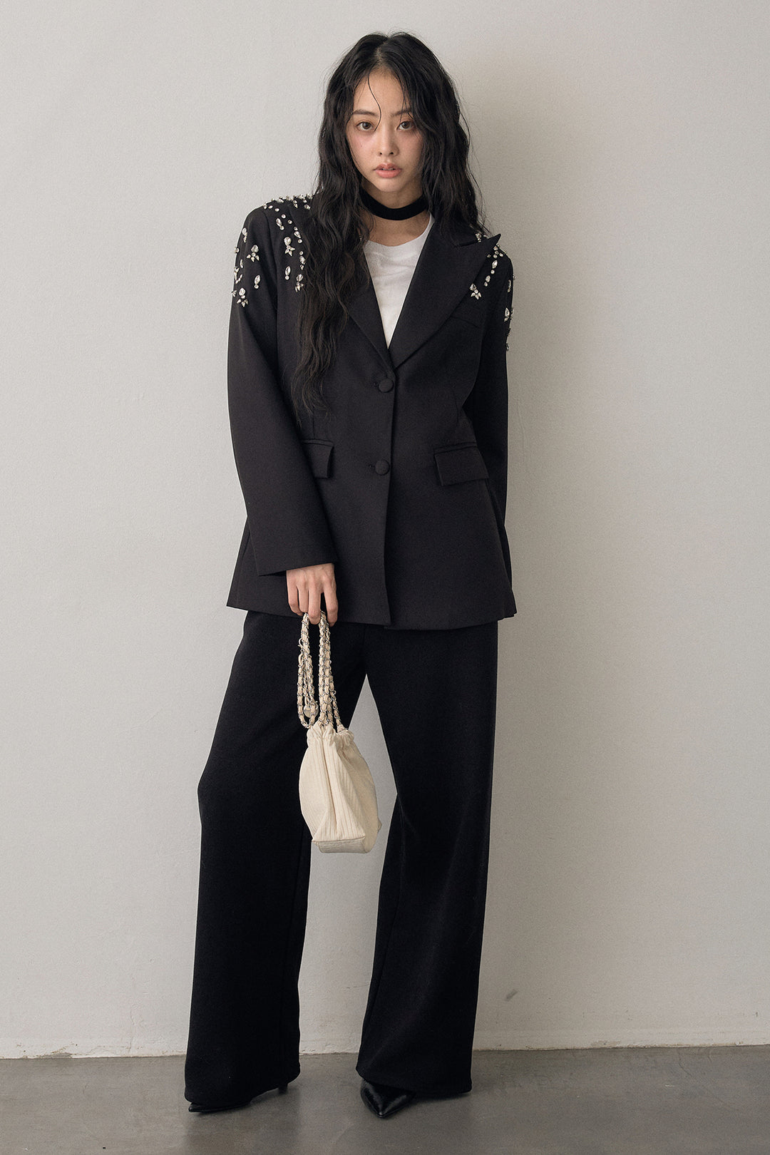 [予約/SET]ショルダービジューマニッシュジャケット+ウォームタッチイージーパンツ(2set)