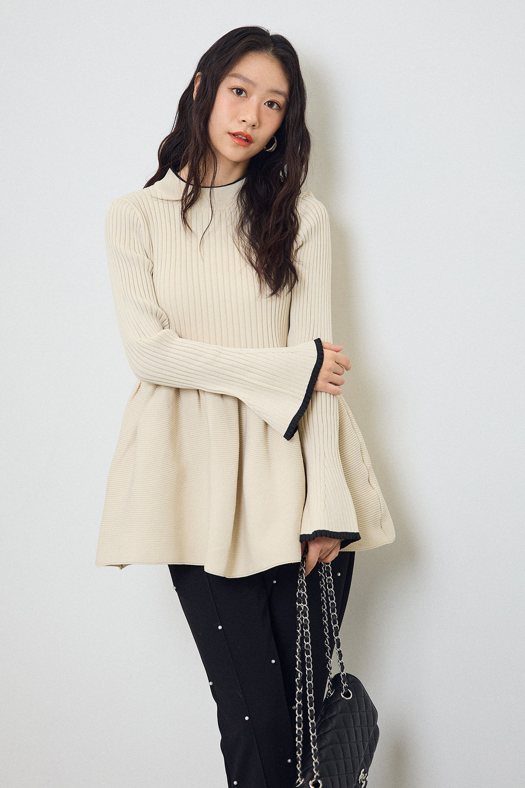 [予約/SET]リブフレア配色スリーブペプラムニット+センターシームランダムパールパンツ(2set)