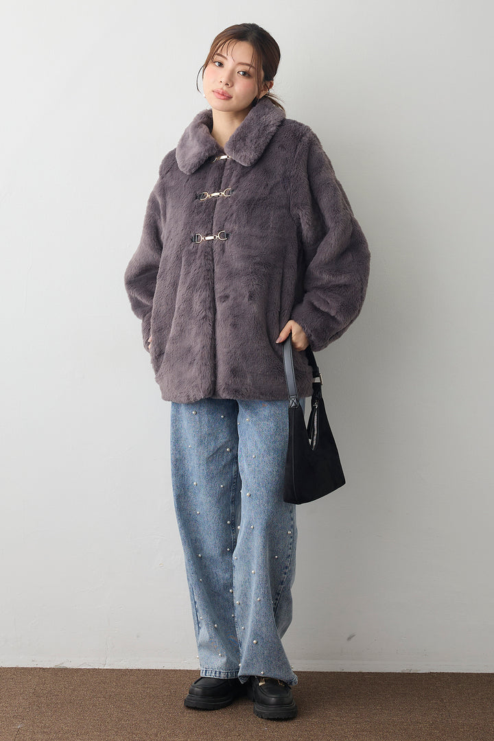 [予約/SET]ビット付きフェイクファーコート+パールスタッズストレートハイウエストデニム(2set)