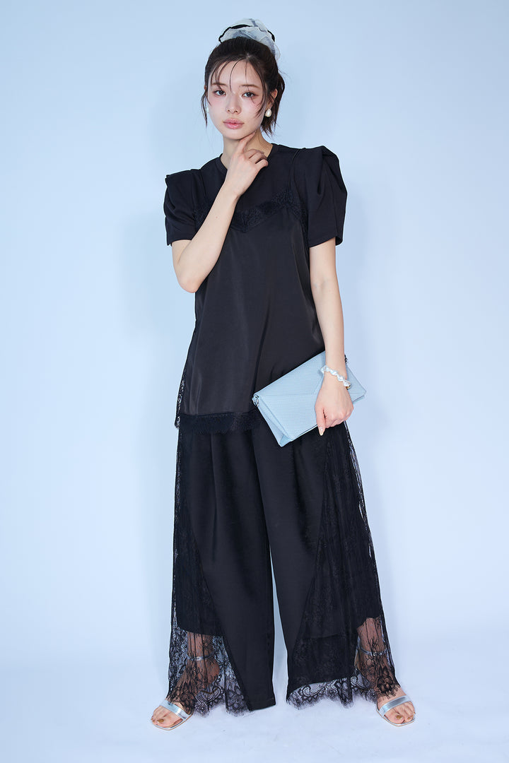 [予約/SET]スクエアショルダーデザインカットトップス+マットサテンレースキャミソール+サイドレースデザインリラックスパンツ(3set)