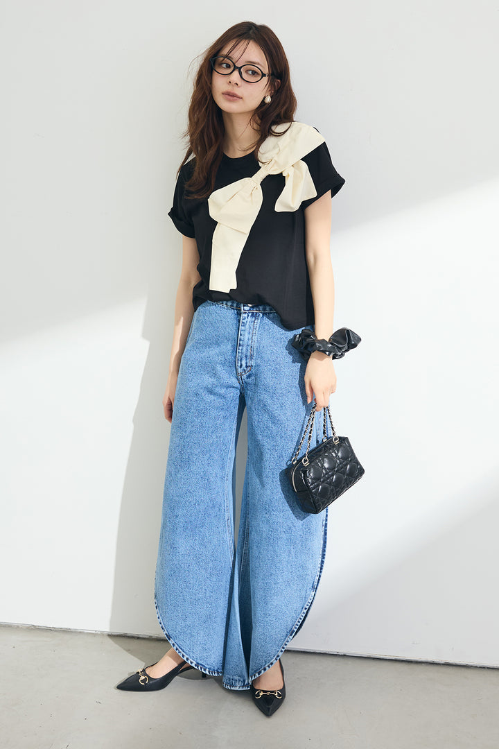 [予約/SET]ショルダーリボンポイントTシャツ+カーヴィースリットデニムパンツ(2set)