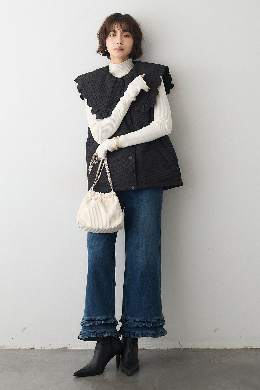 [予約/SET]スカラップBIGカラーベスト+フリルヘムデニムパンツ(2set)