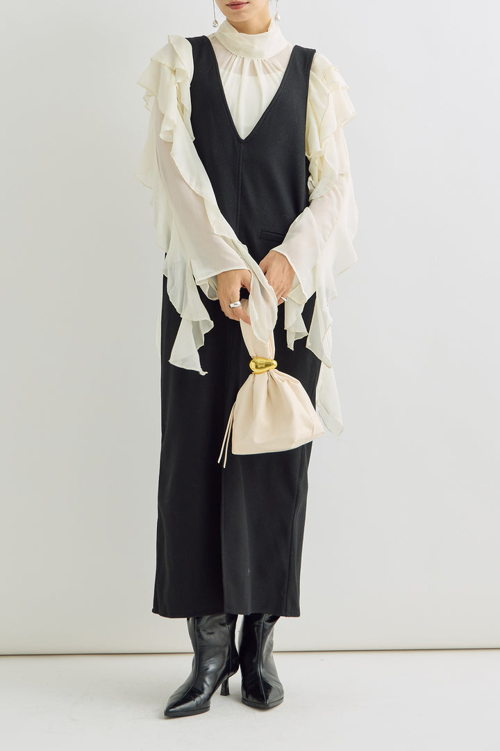 [予約/SET]シフォンツイストラッフルブラウス+フェイクウールVネックジャンバースカート(2set)