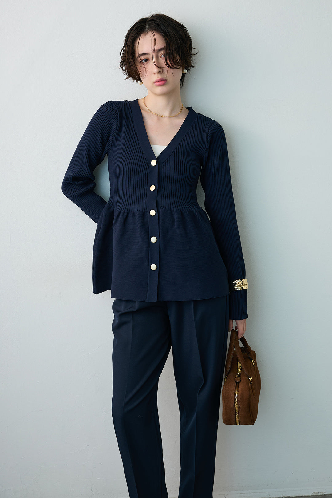 [予約/SET]スポンジペプラムリブニットカーデ+ベルトセットタックテーパードパンツ(2set)