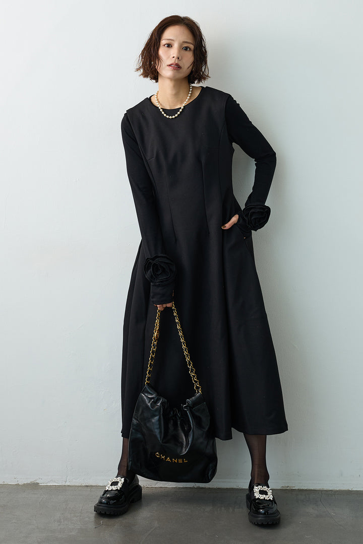 [予約/SET]フラワーモチーフポイントカットトップス+プリンセスラインフレアワンピース(2set)