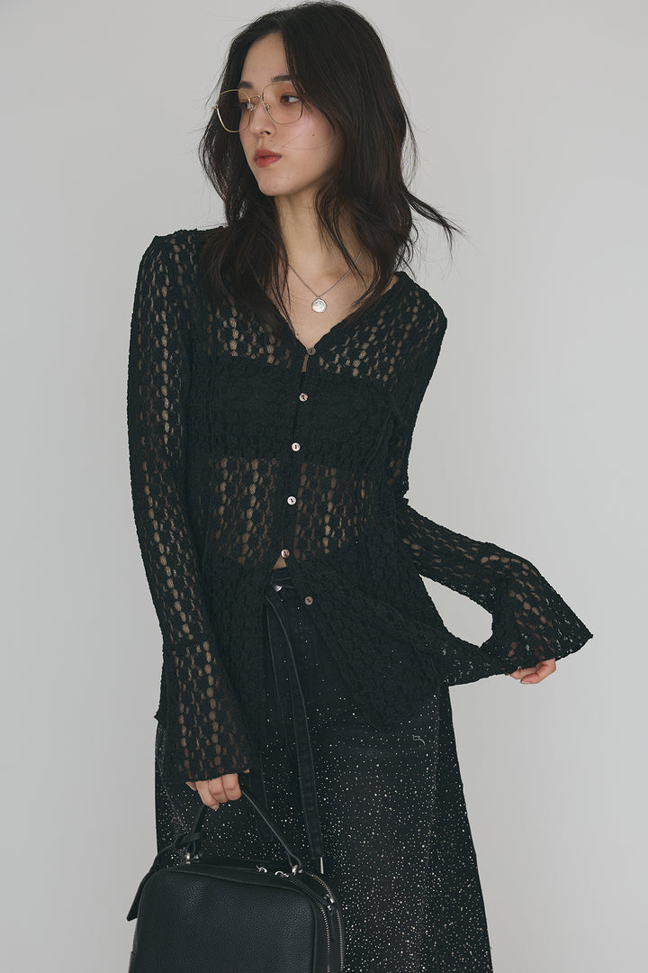 [予約/SET]カットレースフラワーVネックカーデ+ラインストーン美ラインデニム(2set)