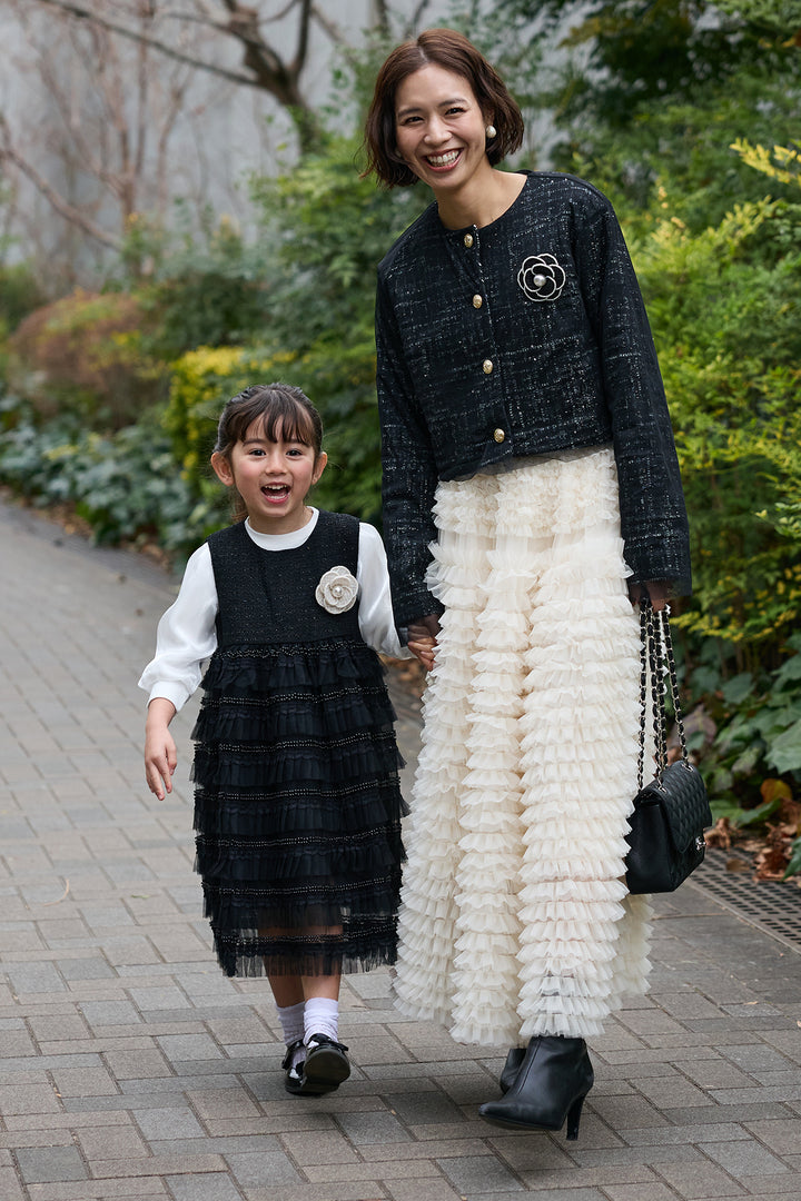 [予約/親子SET][kids]ティアードプリーツパールワンピセット+ツイード×チュールレイヤードクロップドジャケット+ホイップチュールティアードスカート(3set)