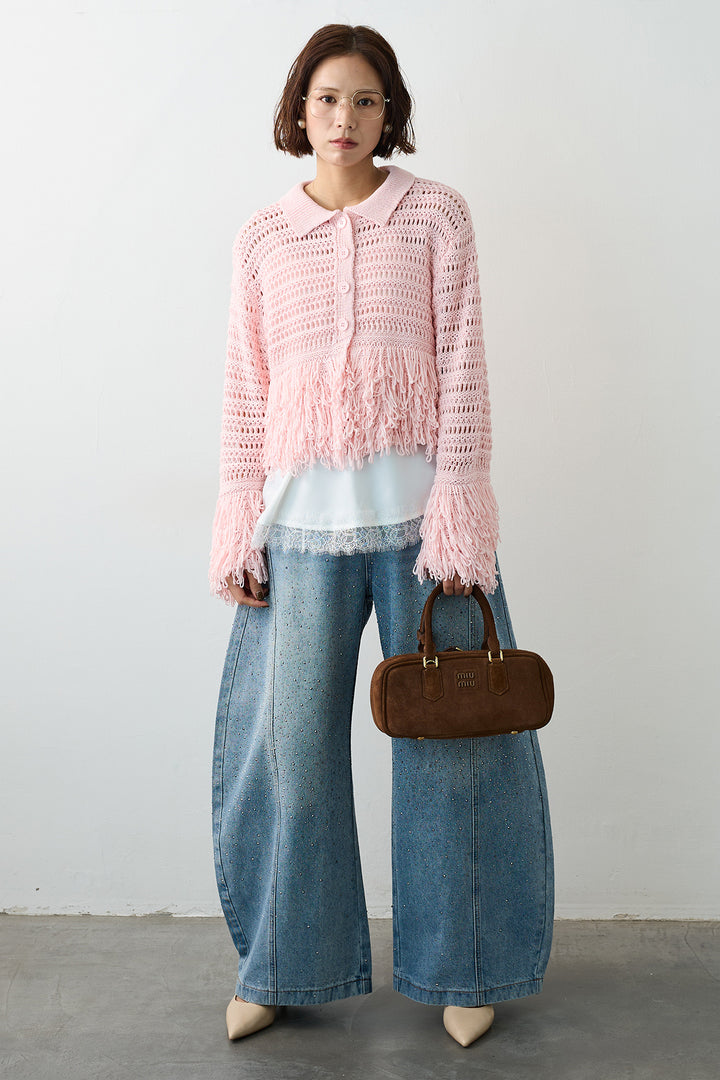 [予約/SET]メッシュフリンジクロップドニット+スパークルラインストーンカーブデニム(2set)