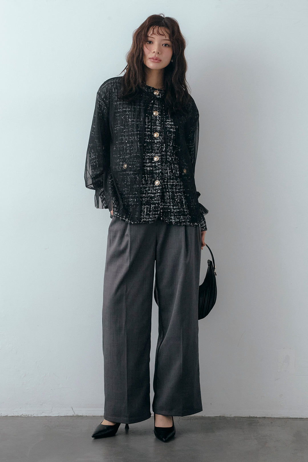 [予約/SET]2wayチュールレイヤードツイードジャケット+スプリングカラータックストレートパンツ(2set)