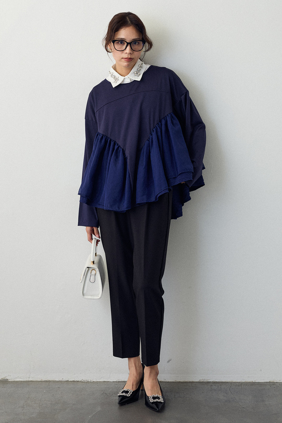 [予約/SET]ビジュー付け襟+フリルテール異素材切替チュニック+タックテーパードパンツ(3set)