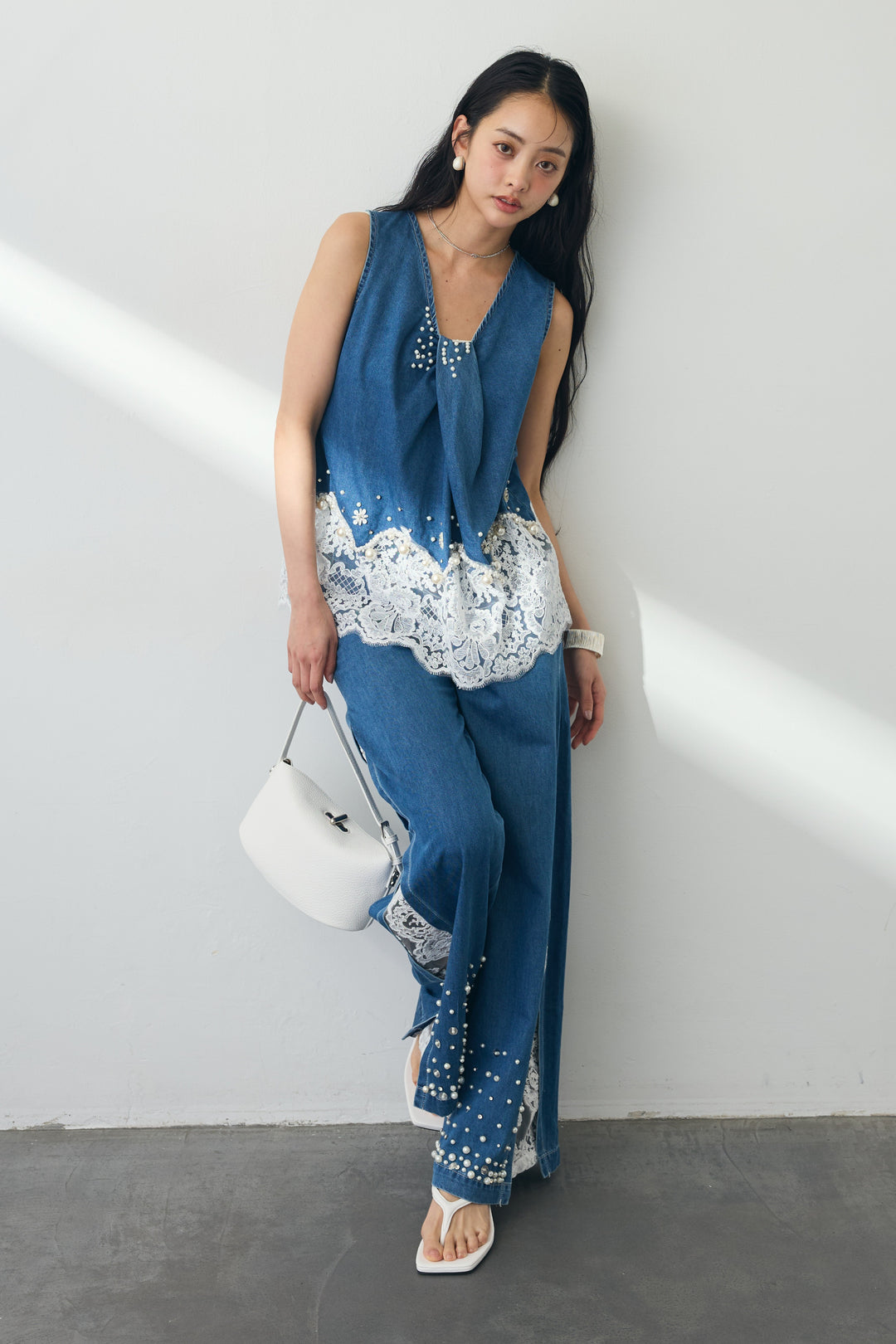 [予約]レースデコラティブパールデニムセットアップ