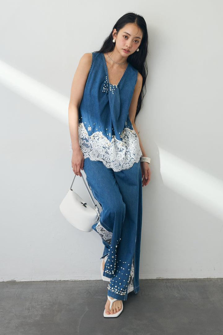 [予約]レースデコラティブパールデニムセットアップ