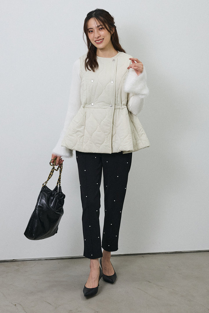 [予約/SET]フェザー切替スリーブフレアニット+キルティングフレアシルエットベスト+センターシームランダムパールパンツ(3set)