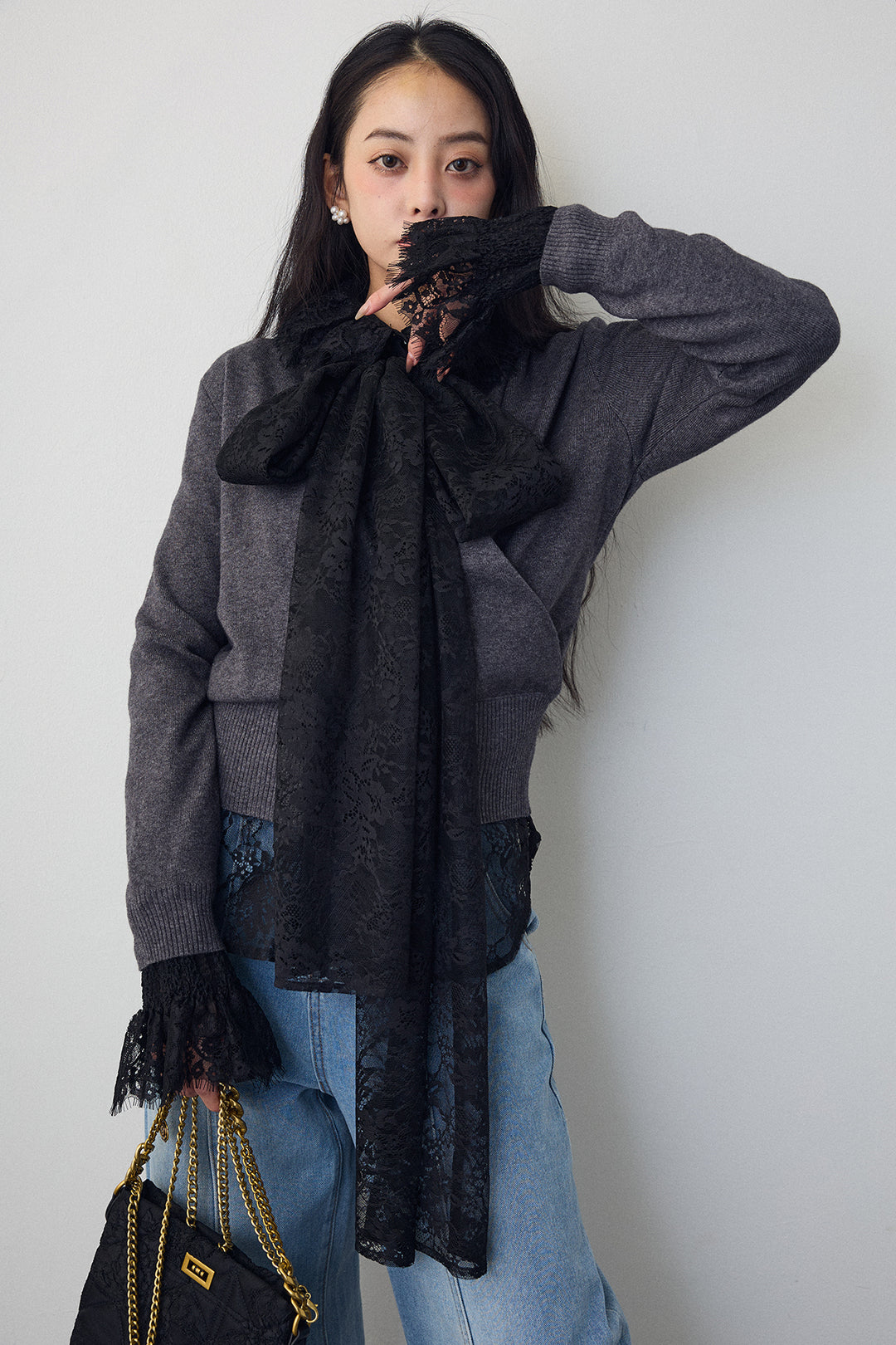 [予約/SET]クラシカルレースボウタイブラウス+カシュクールデザインニット(2set)